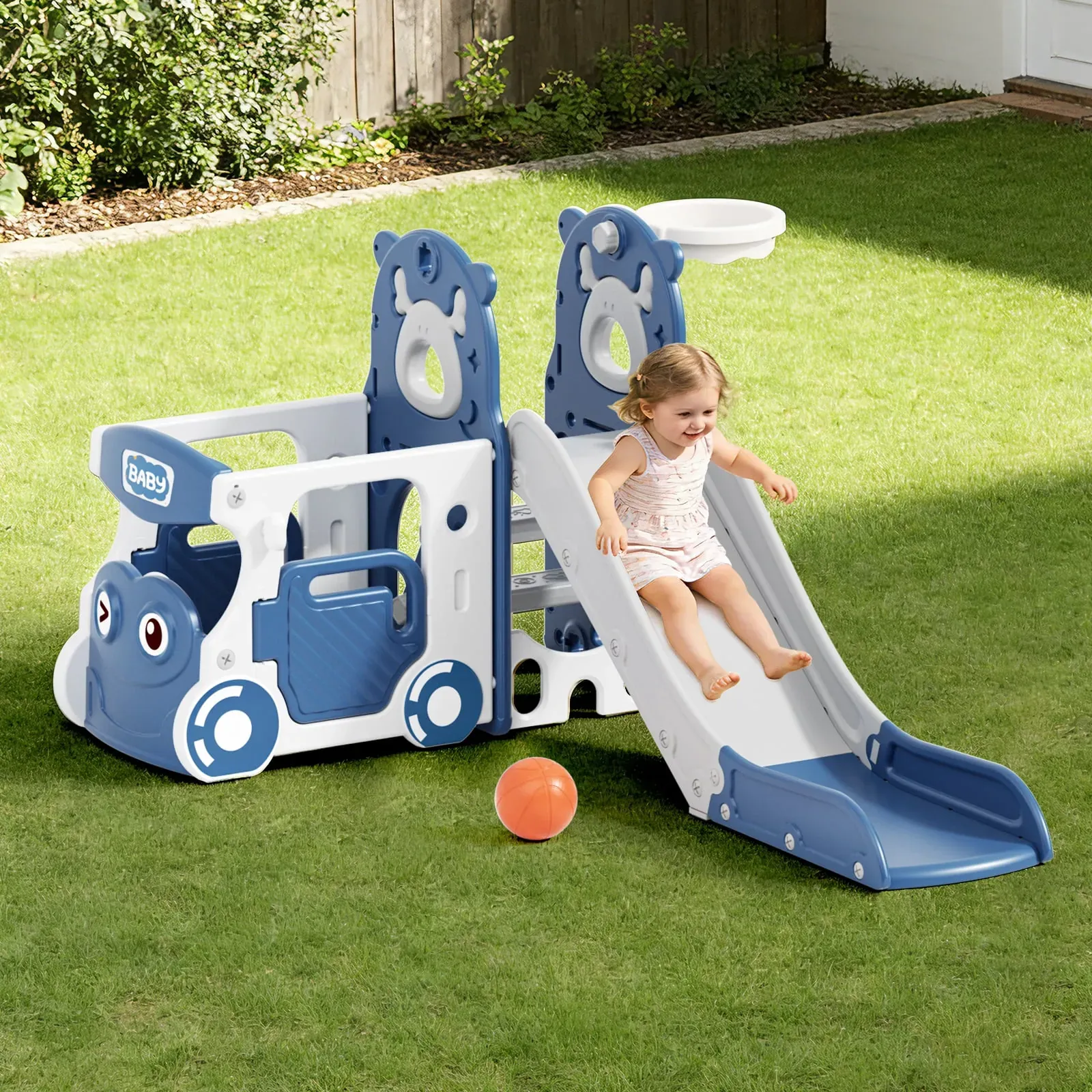 6-IN-1 Toddler Slide Set for kids Age 1-4, Bus-Themed Climber Indoor Outdoor Playset with Slide, Basketball